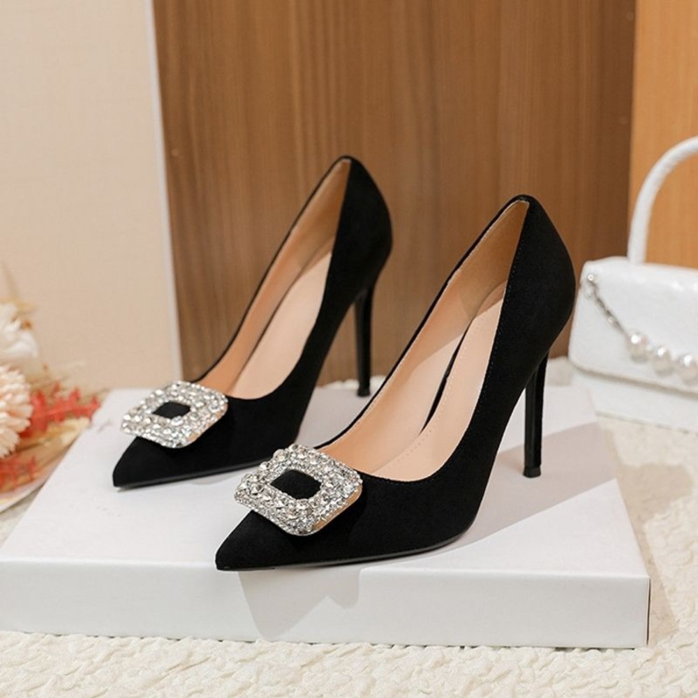 Black Pointed Stiletto Pumps with Crystal Buckle